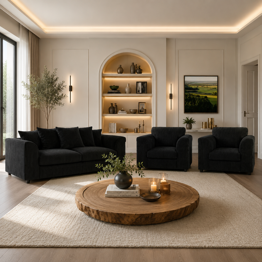 Comfortable Black Jumbo Cord 3+1+1 Sofa Suite with Armchairs