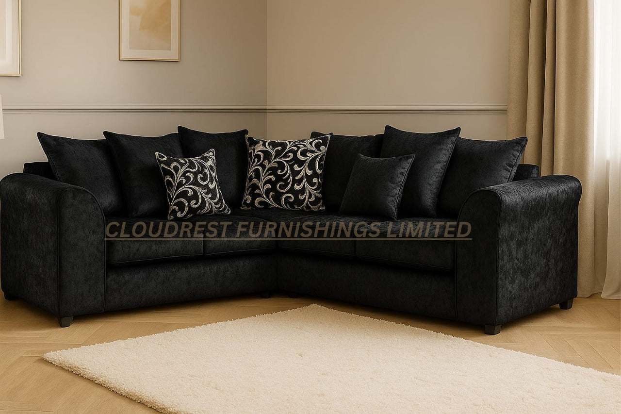 Dylan Crushed Velvet Brand New Silver + Black Corner Sofa | Stylish Living Room Furniture