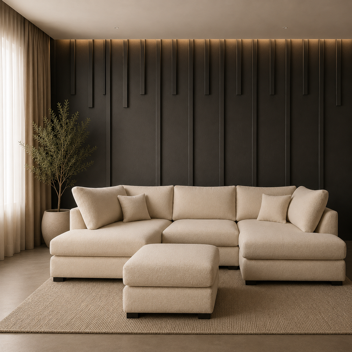 U Shape Boucle 6 Seater High Back Sofa (Cream)