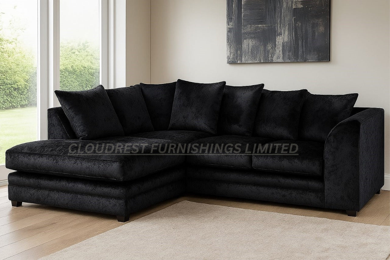 Dylan Crushed Velvet Brand New Silver + Black Corner Sofa | Stylish Living Room Furniture