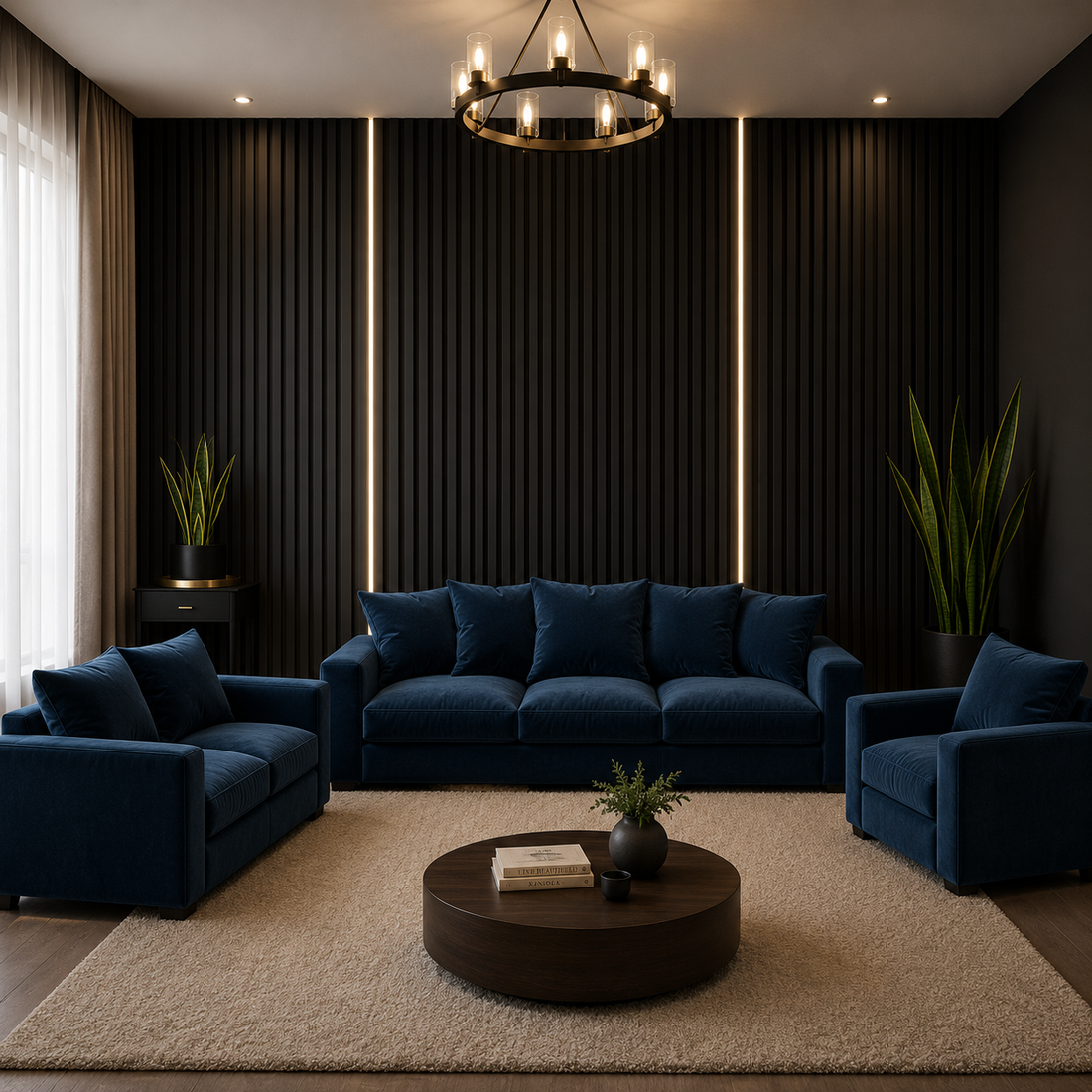 Dylan Blue Plush Velvet 3+1+1 Sofa Set with Scatter Back Cushions