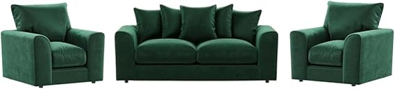 Modern Green Plush Velvet Sofa Suite with Scatter Back Cushions