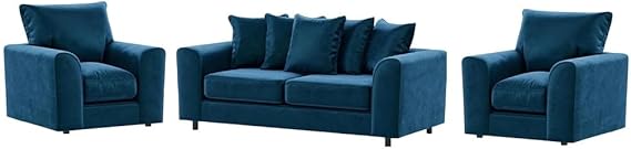 Blue Plush Velvet 3+1+1 Sofa Set with Scatter Back Cushions