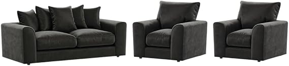 Black Plush Velvet 3 Seater Sofa and Armchair Scatter Back Set