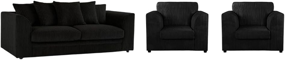 Comfortable Black Jumbo Cord 3+1+1 Sofa Suite with Armchairs