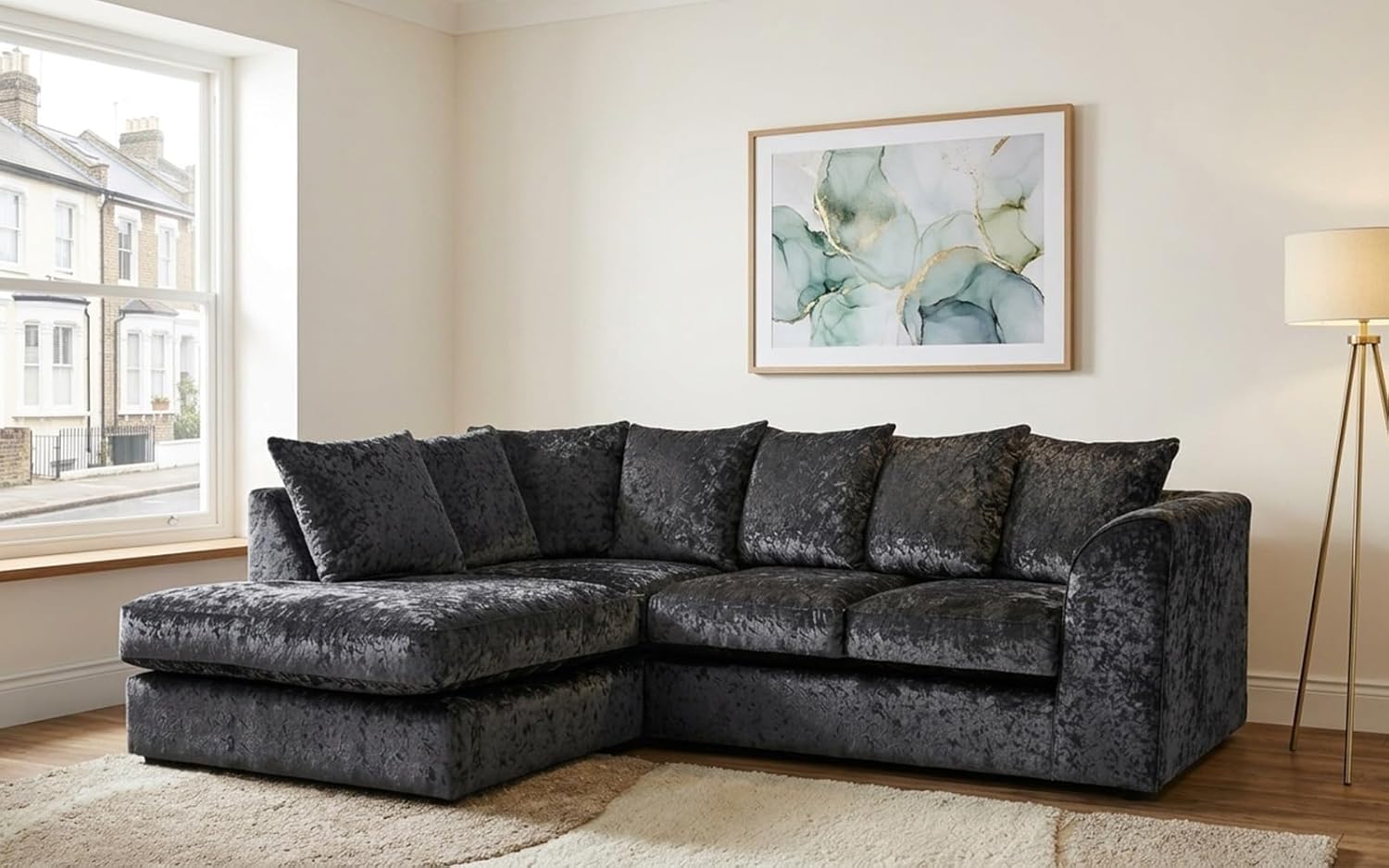 Dylan Crush Velvet L Shape 4, 5 Seater Corner Sofa (Black)