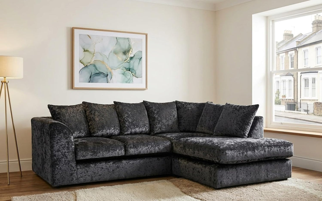 Dylan Crush Velvet L Shape 4, 5 Seater Corner Sofa (Black)