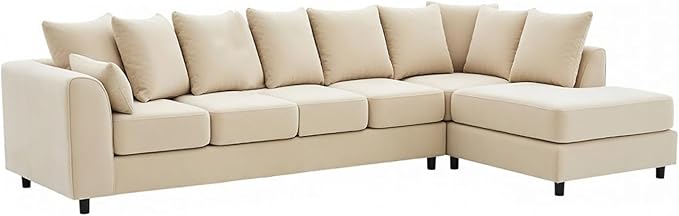 Grey Plush Velvet 6 Seater Corner Sofa | L Shaped Fabric Sofa Set | Modern Upholstered Living Room Couch | Soft Cushioned Settee | Left or Right Hand Facing UK