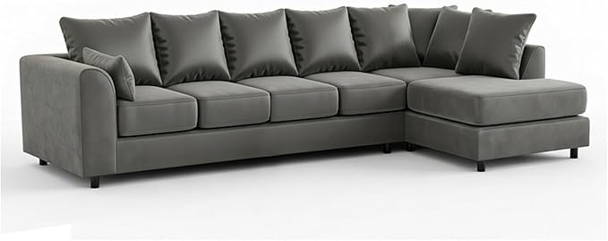 Grey Plush Velvet 6 Seater Corner Sofa | L Shaped Fabric Sofa Set | Modern Upholstered Living Room Couch | Soft Cushioned Settee | Left or Right Hand Facing UK