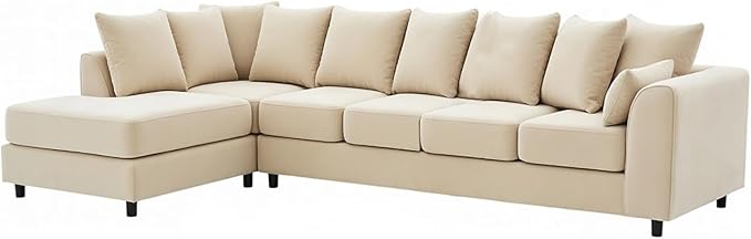Grey Plush Velvet 6 Seater Corner Sofa | L Shaped Fabric Sofa Set | Modern Upholstered Living Room Couch | Soft Cushioned Settee | Left or Right Hand Facing UK