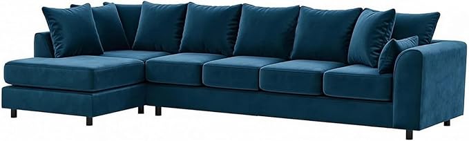 Grey Plush Velvet 6 Seater Corner Sofa | L Shaped Fabric Sofa Set | Modern Upholstered Living Room Couch | Soft Cushioned Settee | Left or Right Hand Facing UK