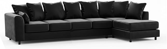 Grey Plush Velvet 6 Seater Corner Sofa | L Shaped Fabric Sofa Set | Modern Upholstered Living Room Couch | Soft Cushioned Settee | Left or Right Hand Facing UK