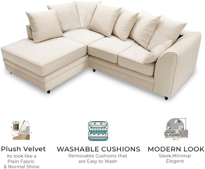 Dylan Plush Velvet L Shape 4 Seater Corner Sofa (Cream)