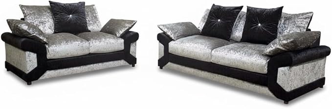 Dino 3+2 Crushed Velvet Silver and Black Scatter Back Sofa Set