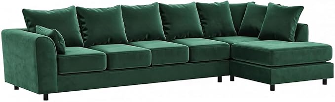 Grey Plush Velvet 6 Seater Corner Sofa | L Shaped Fabric Sofa Set | Modern Upholstered Living Room Couch | Soft Cushioned Settee | Left or Right Hand Facing UK