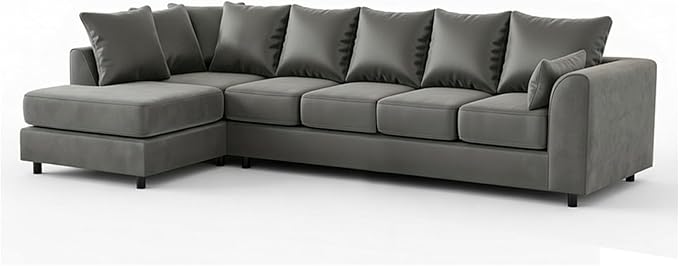 Grey Plush Velvet 6 Seater Corner Sofa | L Shaped Fabric Sofa Set | Modern Upholstered Living Room Couch | Soft Cushioned Settee | Left or Right Hand Facing UK