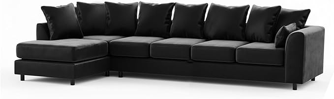Grey Plush Velvet 6 Seater Corner Sofa | L Shaped Fabric Sofa Set | Modern Upholstered Living Room Couch | Soft Cushioned Settee | Left or Right Hand Facing UK