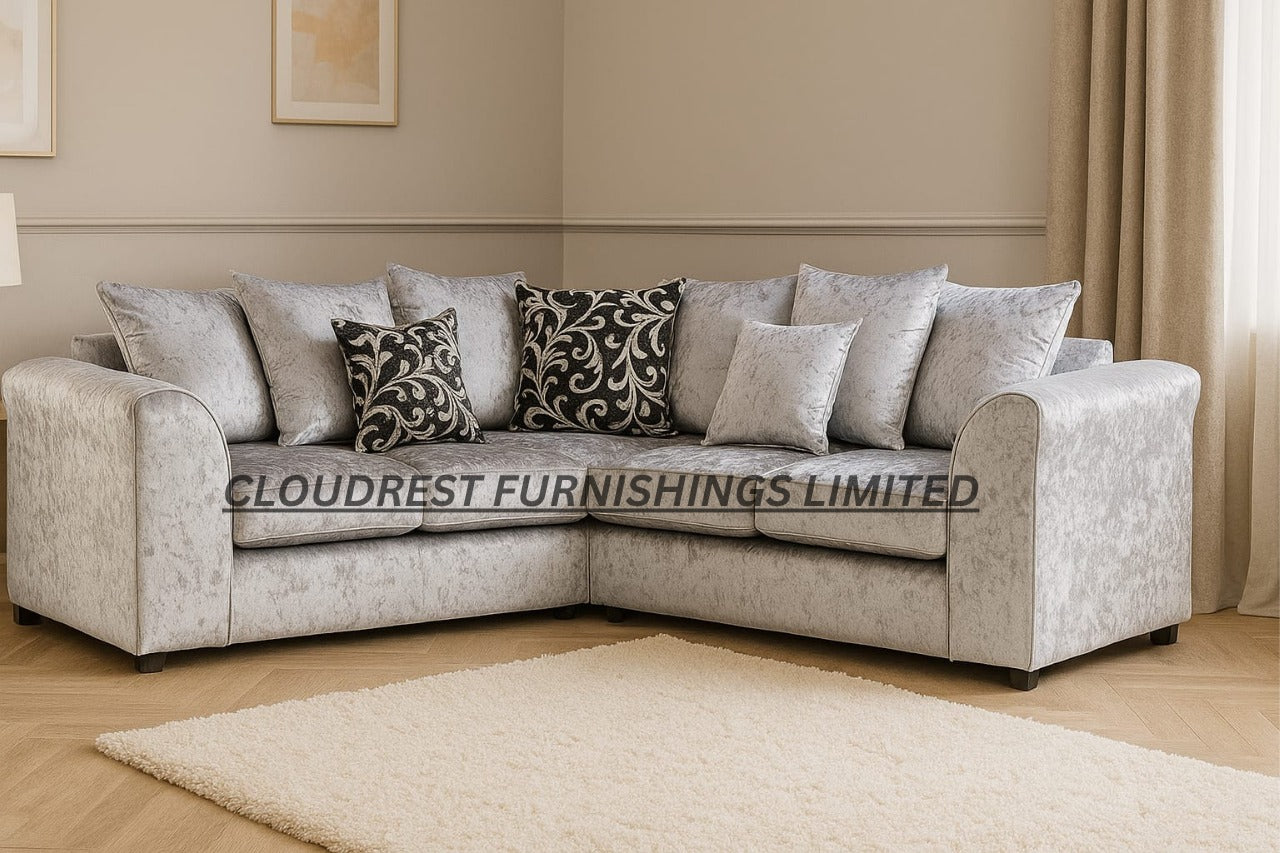 Dylan Crushed Velvet Brand New Silver + Black Corner Sofa | Stylish Living Room Furniture