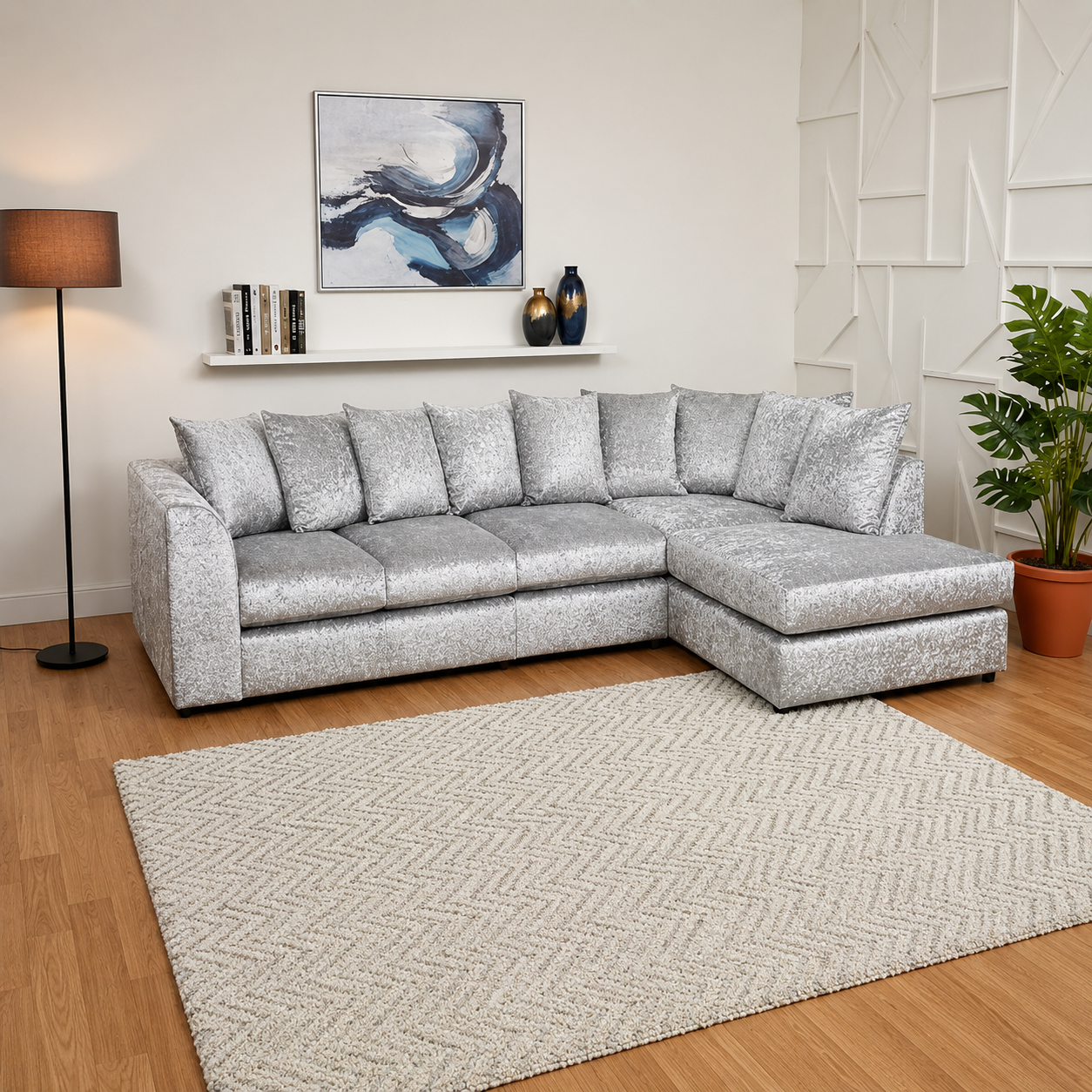 Modern Silver Crushed Velvet Corner Sofa, Spacious Modular 5 Seater Suite