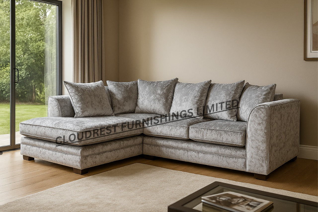 Dylan Crushed Velvet Brand New Silver + Black Corner Sofa | Stylish Living Room Furniture