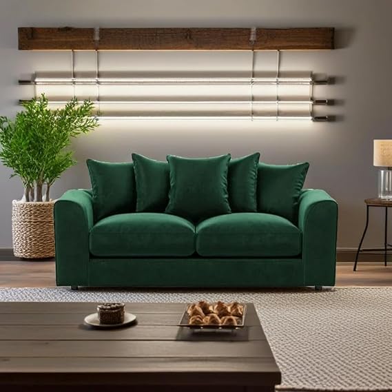Modern Green Plush Velvet Sofa Suite with Scatter Back Cushions