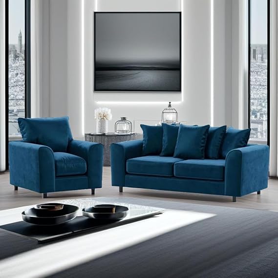 Blue Plush Velvet 3+1+1 Sofa Set with Scatter Back Cushions
