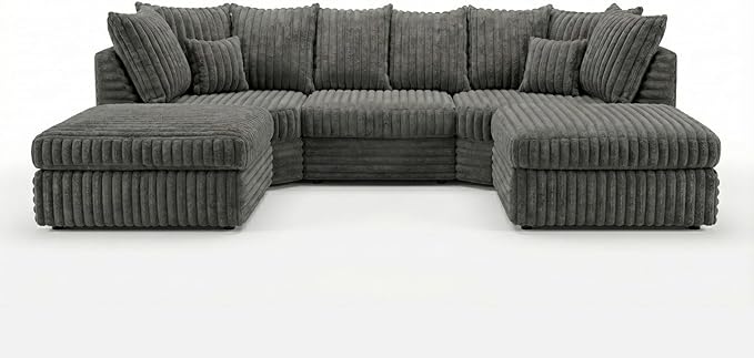U Shaped Jumbo Cord 6 Seater Corner Sofa (Cream, Grey, Black)