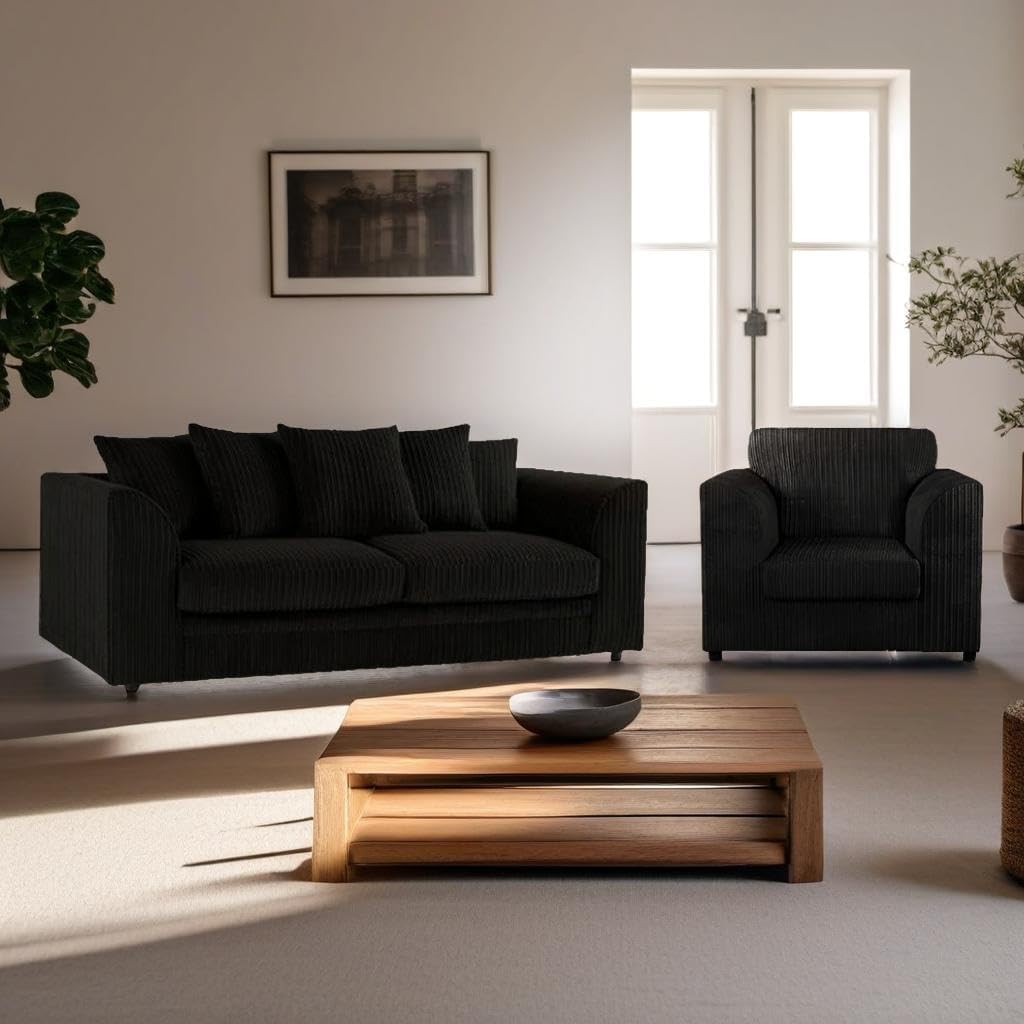 Comfortable Black Jumbo Cord 3+1+1 Sofa Suite with Armchairs