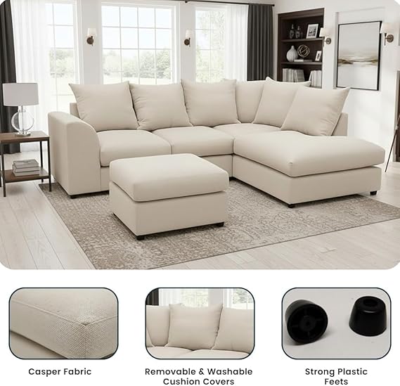 Elegant Cream Corner Sofa Set with Footstool for Modern Homes