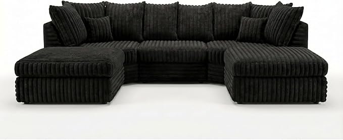 U Shaped Jumbo Cord 6 Seater Corner Sofa (Cream, Grey, Black)