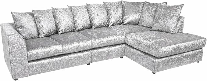 Modern Silver Crushed Velvet Corner Sofa, Spacious Modular 5 Seater Suite