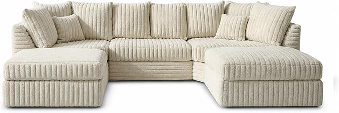 U Shaped Jumbo Cord 6 Seater Corner Sofa (Cream, Grey, Black)