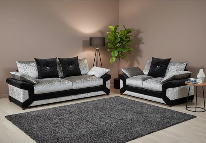 Dino 3+2 Crushed Velvet Silver and Black Scatter Back Sofa Set