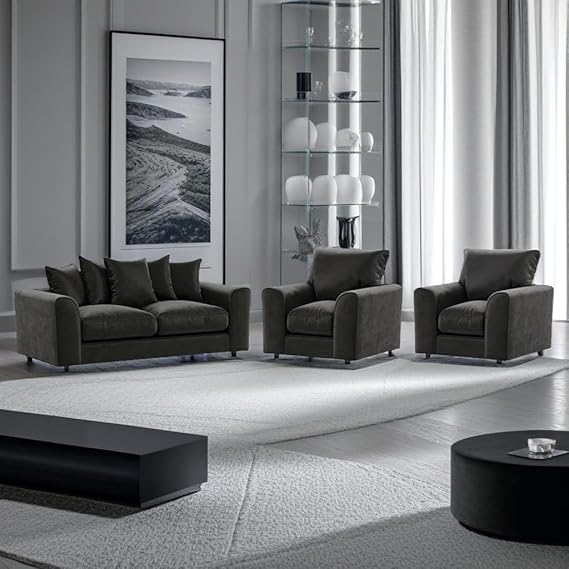 Black Plush Velvet 3 Seater Sofa and Armchair Scatter Back Set