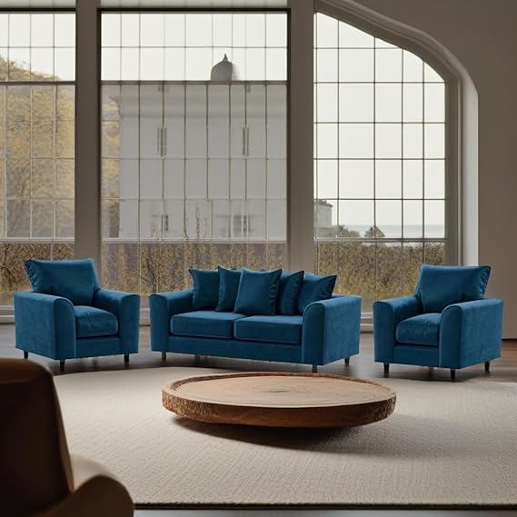 Blue Plush Velvet 3+1+1 Sofa Set with Scatter Back Cushions