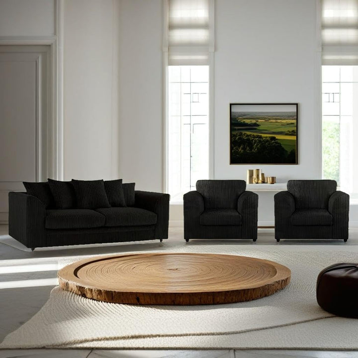Comfortable Black Jumbo Cord 3+1+1 Sofa Suite with Armchairs