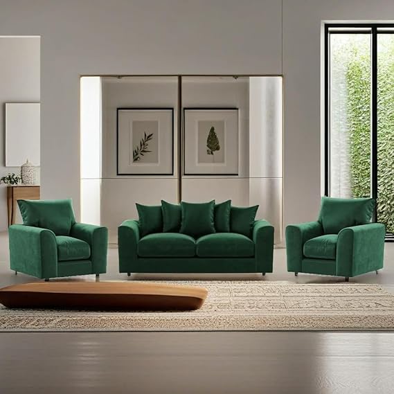 Modern Green Plush Velvet Sofa Suite with Scatter Back Cushions