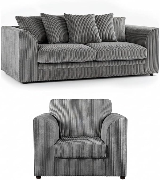 Grey Jumbo Cord 3 Seater Sofa Suite with Scatter Back Cushions
