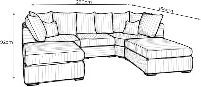 U Shaped Jumbo Cord 6 Seater Corner Sofa (Cream, Grey, Black)