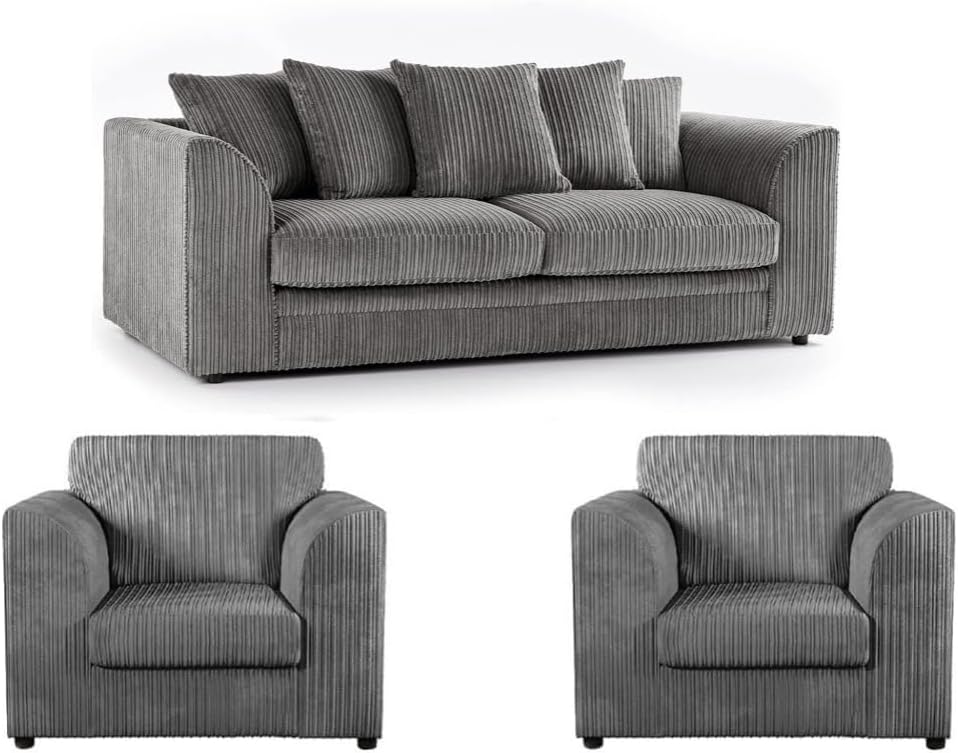 Grey Jumbo Cord 3 Seater Sofa Suite with Scatter Back Cushions