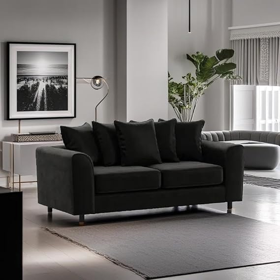 Black Plush Velvet 3 Seater Sofa and Armchair Scatter Back Set