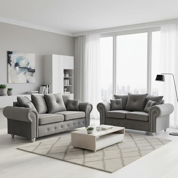 Ashwinn Diamond Tufted Velvet Sofa Set with 3 and 2 Seaters