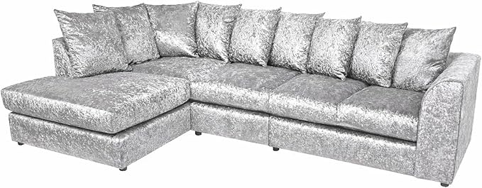 Modern Silver Crushed Velvet Corner Sofa, Spacious Modular 5 Seater Suite