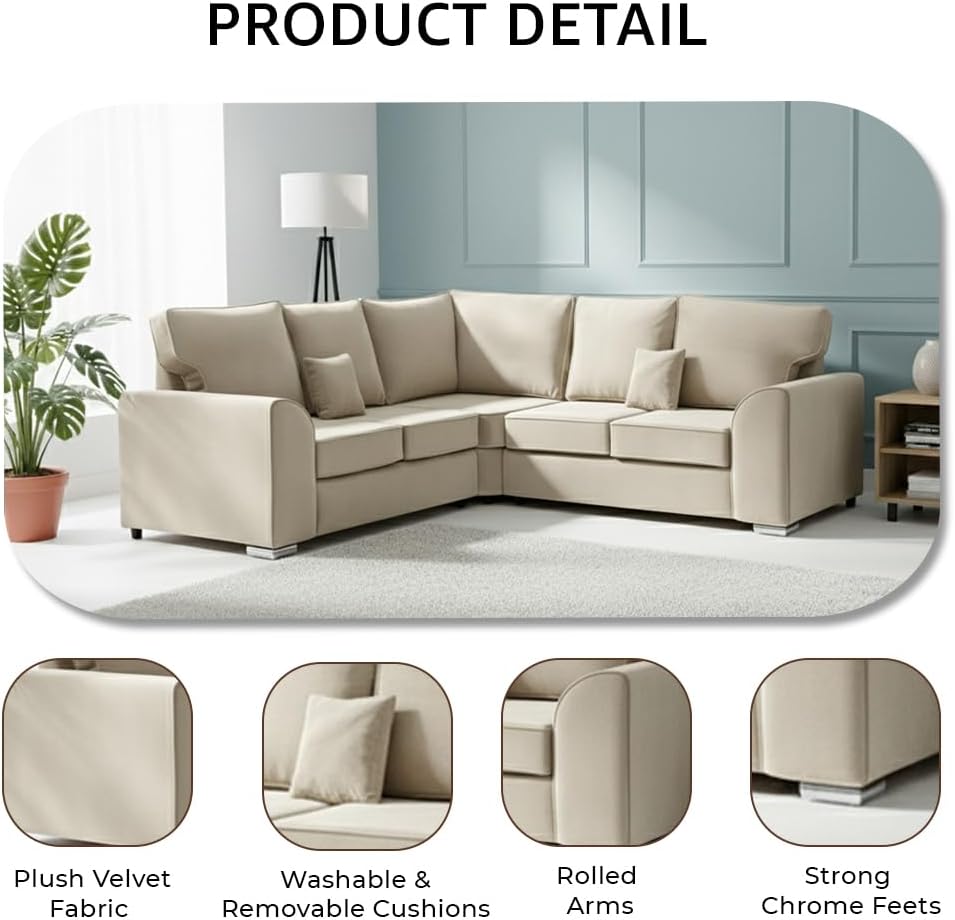 Dylan dual arm 5 seater 2c2 Plush Velvet High Back Corner Sofa