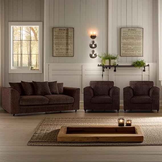 Jumbo Cord 3+1+1 Sofa Set with Cushions and Ottoman Footrest