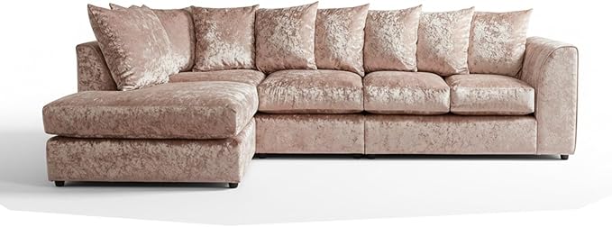 Modern Silver Crushed Velvet Corner Sofa, Spacious Modular 5 Seater Suite