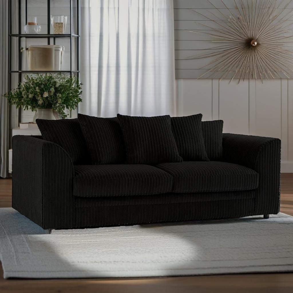 Comfortable Black Jumbo Cord 3+1+1 Sofa Suite with Armchairs
