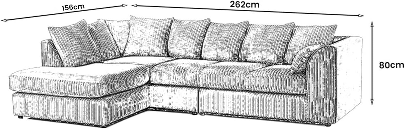 Dylan Jumbo Cord L Shape 5, 6 Seater Left and Right Corner Sofa (Grey)