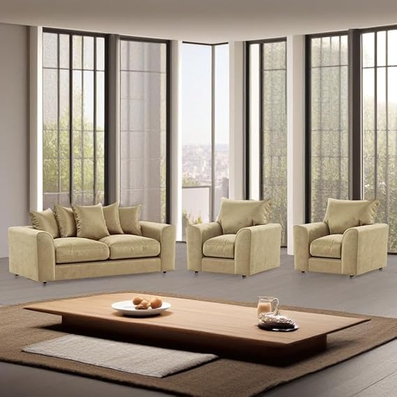 Luxury Beige Plush Velvet 3+2+1 Seater Sofa Set for Living Rooms