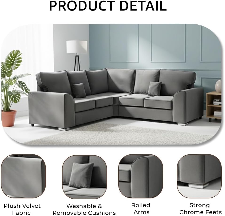 Dylan dual arm 5 seater 2c2 Plush Velvet High Back Corner Sofa
